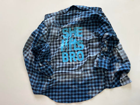 Upcycled Flannel Shirt - "She Lifts Bro" - Blue Plaid, Men's M