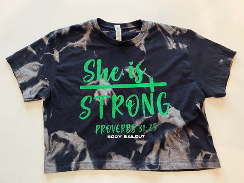 Ladies' "She Is Strong" Loose Fit Crop T-Shirt - Bleached Black, S
