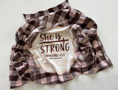 Upcycled Flannel Shirt - "She Is Strong" - Pink & Brown Plaid, S