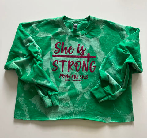 Crop Sweatshirt - "She Is Strong" - Bleached Kelly Green, L