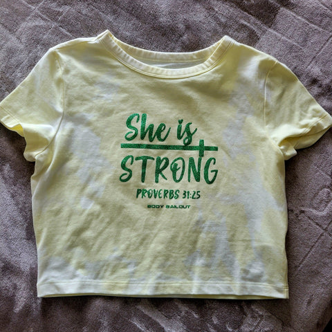 Ladies' "She Is Strong" Fitted Crop T-Shirt - Bleached Pale Yellow, L