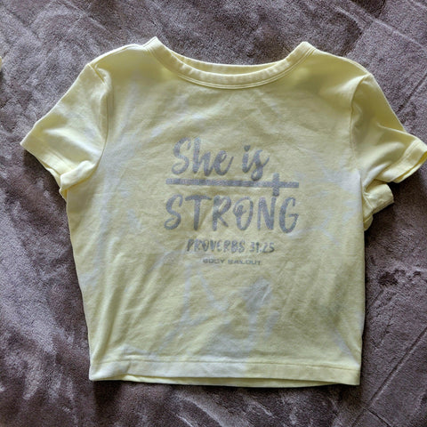 Ladies' "She Is Strong" Fitted Crop T-Shirt - Bleached Pale Yellow, S