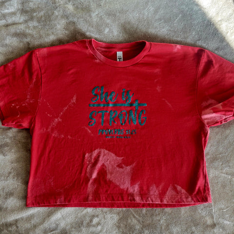 Ladies' "She Is Strong" Loose Fit Crop T-Shirt - Bleached Red, L