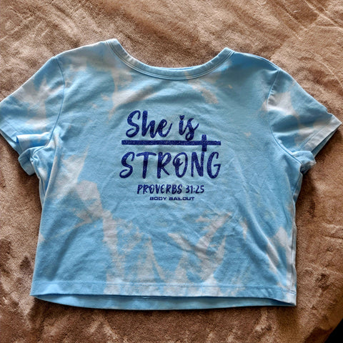 Ladies' "She Is Strong" Fitted Crop T-Shirt - Bleached Sky Blue, L