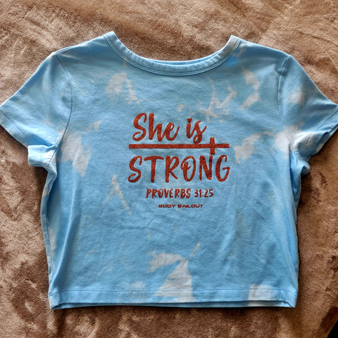 Ladies' "She Is Strong" Fitted Crop T-Shirt - Bleached Sky Blue, L