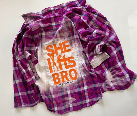 Upcycled Flannel Shirt - "She Lifts Bro" - Purple Plaid, XL