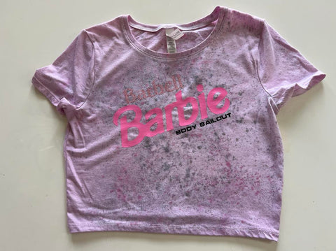 Ladies' "Barbell Barbie" Fitted Crop T-Shirt - Dye Splattered Pink, XS/S
