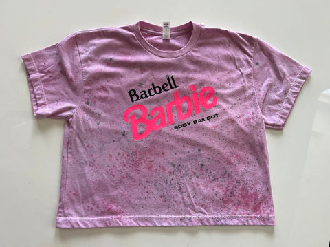 Ladies' "Barbell Barbie" Loose Fit Crop T-Shirt - Dye Splattered Pink, XS