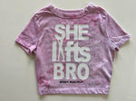 Ladies' "She Lifts Bro" Fitted Crop T-Shirt - Dye Splattered Pink, XS