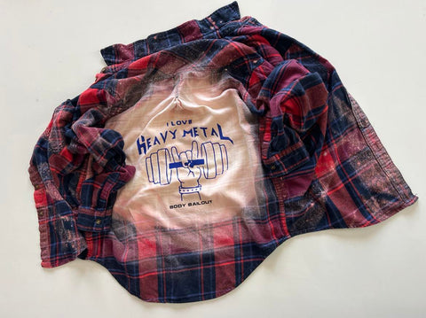 Upcycled Flannel Shirt - "I Love Heavy Metal" - Red & Blue Plaid, XS