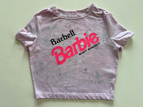 Ladies' "Barbell Barbie" Fitted Crop T-Shirt - Dye Splattered Pink, XS