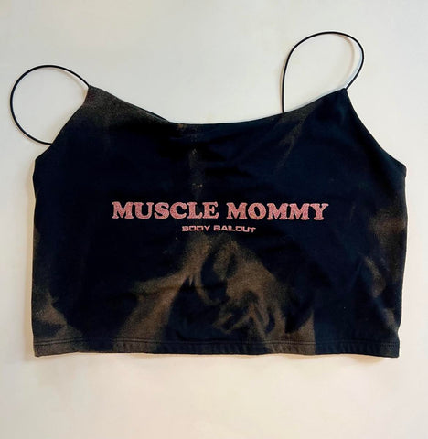 Ladies' "Muscle Mommy" Cropped Cami Tank - Bleached Black, L