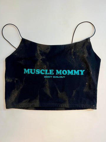 Ladies' "Muscle Mommy" Cropped Cami Tank - Bleached Black, M