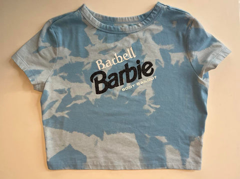 Ladies' "Barbell Barbie" Fitted Crop T-Shirt - Bleached Sky Blue, L