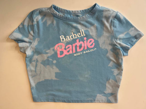 Ladies' "Barbell Barbie" Fitted Crop T-Shirt - Bleached Sky Blue, M
