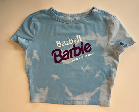 Ladies' "Barbell Barbie" Fitted Crop T-Shirt - Bleached Sky Blue, S