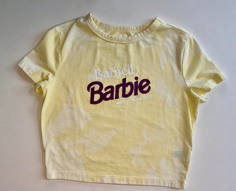 Ladies' "Barbell Barbie" Fitted Crop T-Shirt - Bleached Pale Yellow, M