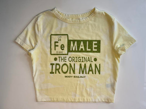Ladies' "FeMALE The Original Iron Man" Fitted Crop T-Shirt - Bleached Pale Yellow, M