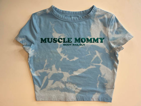 Ladies' "Muscle Mommy" Fitted Crop T-Shirt - Bleached Sky Blue, S