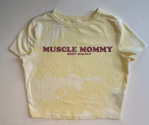 Ladies' "Muscle Mommy" Fitted Crop T-Shirt - Bleached Pale Yellow, M