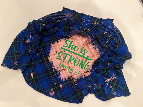 Upcycled Flannel Shirt - "She Is Strong" - Blue, Green & Black Plaid, L