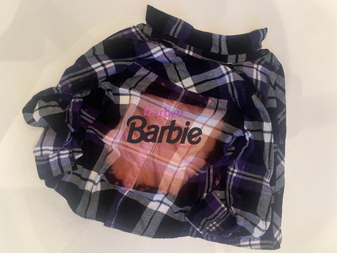 Upcycled Flannel Shirt - "Barbell Barbie" - Purple, White & Black Plaid, XL