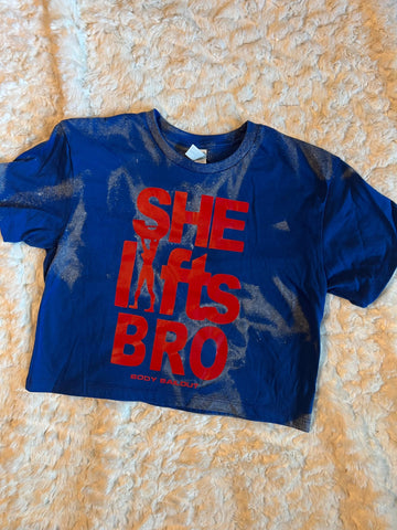 Ladies' "She Lifts Bro" Loose Fit Crop T-Shirt - Bleached Royal Blue, XS