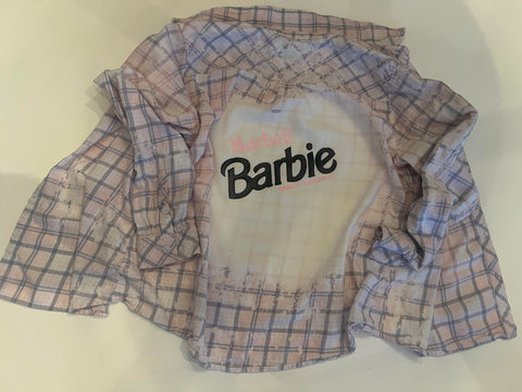 Upcycled Flannel Shirt - "Barbell Barbie" - Light Pink, White & Black Plaid, L