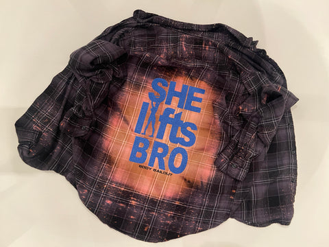 Upcycled Flannel Shirt - "She Lifts Bro" - Gray & Black Plaid, Men's S