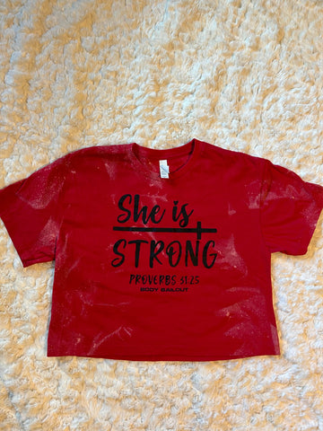 Ladies' "She Is Strong" Loose Fit Crop T-Shirt - Bleached Red, M