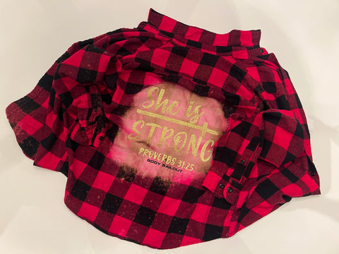 Upcycled Flannel Shirt - "She Is Strong" - Red & Black Plaid, M
