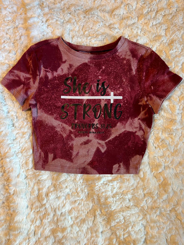 Ladies' "She Is Strong" Fitted Crop T-Shirt - Bleached Wine, S