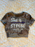 Ladies' "She Is Strong" Fitted Crop T-Shirt - Bleached Olive Green, M