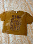 Ladies' "She Lifts Bro" Loose Fit Crop T-Shirt - Bleached Gold, XS