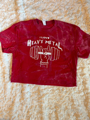 Ladies' "I Love Heavy Metal" Loose Fit Crop T-Shirt - Bleached Red, S