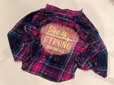 Upcycled Flannel Shirt - "She Is Strong" - Pink, Blue & Black Plaid, M