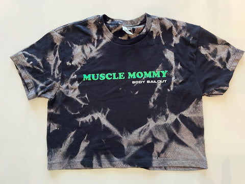 Ladies' "Muscle Mommy" Loose Fit Crop T-Shirt - Bleached Black, S