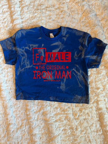 Ladies' "FeMALE The Original Iron Man" Loose Fit Crop T-Shirt - Bleached Royal Blue, S