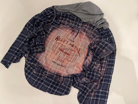 Upcycled Flannel Shirt - "I Love Heavy Metal" - Blue & Gray Plaid, L