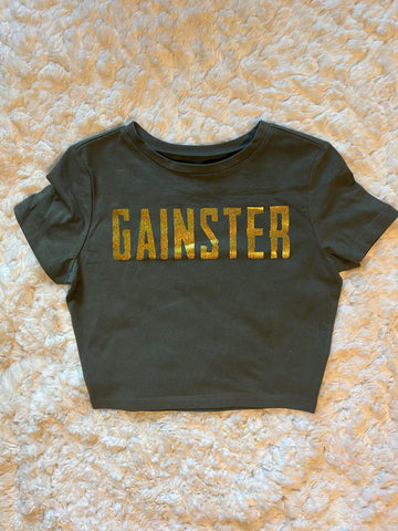 Ladies' "Gainster" Fitted Crop T-Shirt - Olive Green, M
