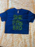 Ladies' "She Lifts Bro" Loose Fit Crop T-Shirt - Blue, XS