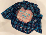 Upcycled Flannel Shirt - "I Love Heavy Metal" - Teal & Black Plaid, S