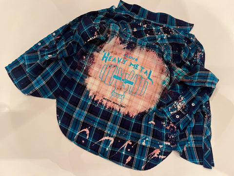 Upcycled Flannel Shirt - "I Love Heavy Metal" - Teal & Black Plaid, S