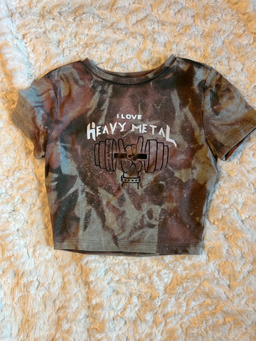 Ladies' "I Love Heavy Metal" Fitted Crop T-Shirt - Bleached Olive Green, XS