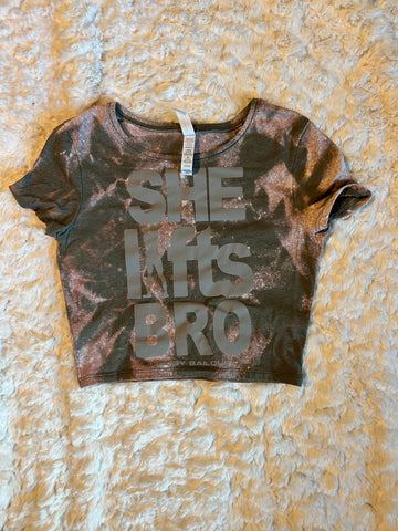 Ladies' "She Lifts Bro" Fitted Crop T-Shirt - Bleached Olive Green, XS/S
