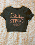 Ladies' "She Is Strong" Fitted Crop T-Shirt - Olive Green, S