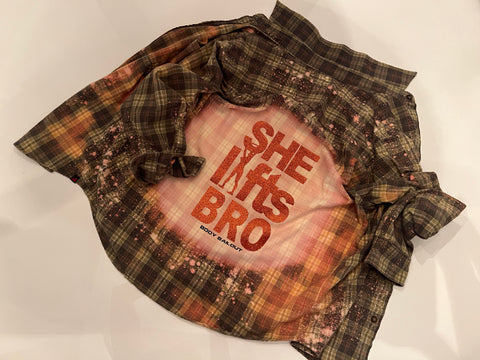 Upcycled Flannel Shirt - "She Lifts Bro" - Olive Green & Brown Plaid, M