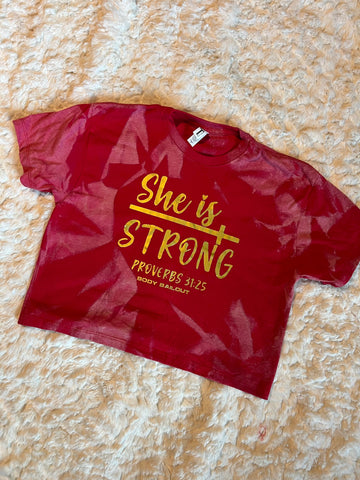 Ladies' "She Is Strong" Loose Fit Crop T-Shirt - Bleached Red, S