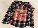 Upcycled Flannel Shirt - "She is Strong" - Red, Black & White Plaid, S